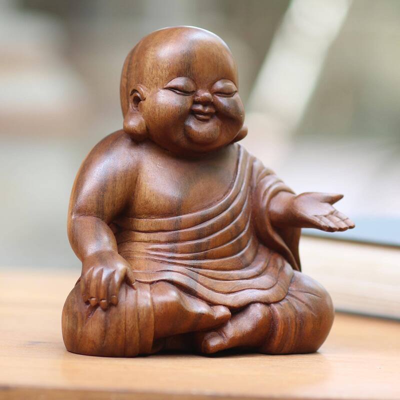 Novica Handmade Tranquil Buddha Wood Sculpture - 6.25" H x 5.5" W x 3.5" D