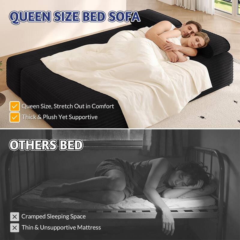 78.7" Convertible Sofa Bed, 2-in-1 Corduroy Couch with 3 Pillows, Modern Folding Boneless Couch