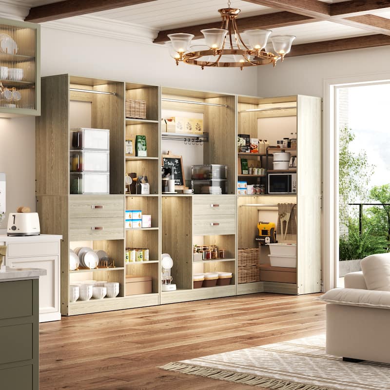 Navada 79'' - 110'' Freestanding Corner Closet System, Reversible Closet Organizer with Drawers and Hanging Rods