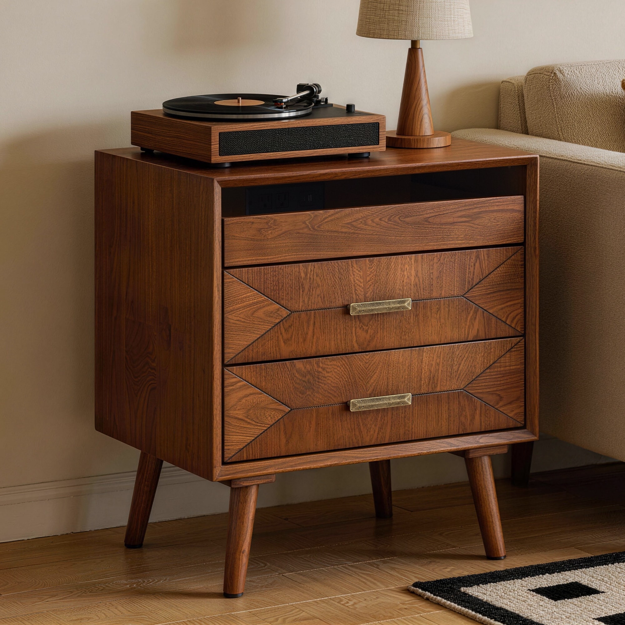 Mid Century Modern Storage Nightstand with Charging Station USB Type C 2 Drawers Open Shelf by GDFStudio