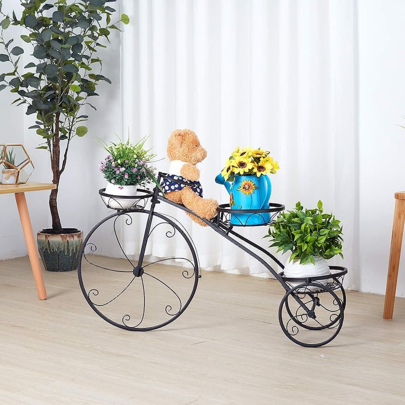 Tricycle Iron Planter Stand 3 Potted Metal Bicycle Shape Plant Flower Pot Rack