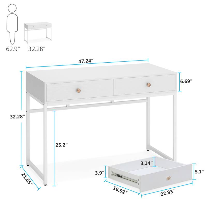 47 inch Home Office Desk Study Writing Table with 2 Storage Drawers
