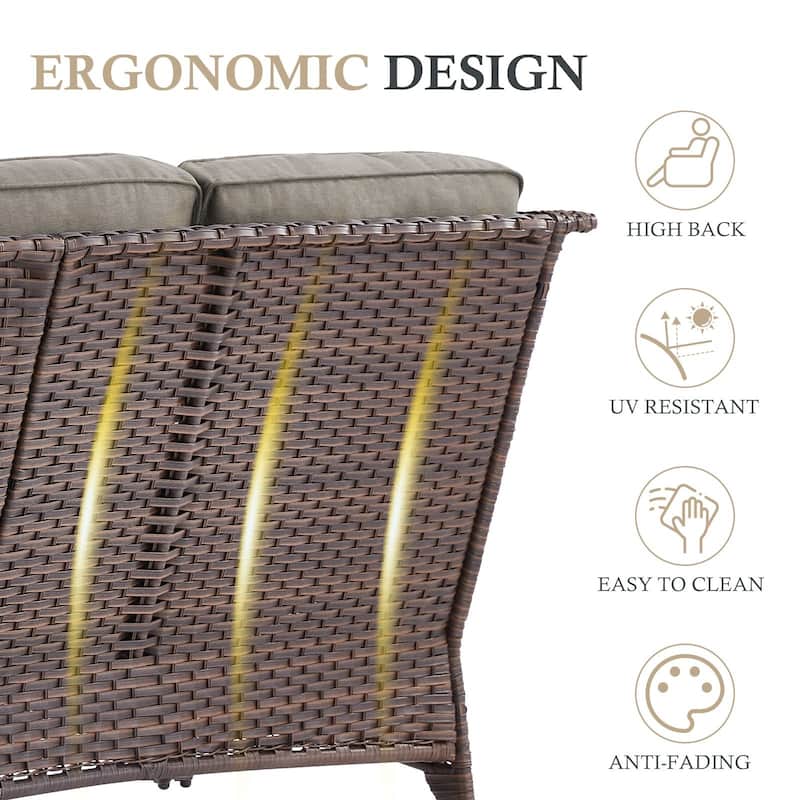 Arcadia 3-Seat Wicker Patio Sofa with 6-Inch Thick Cushions and 2 Ottomans