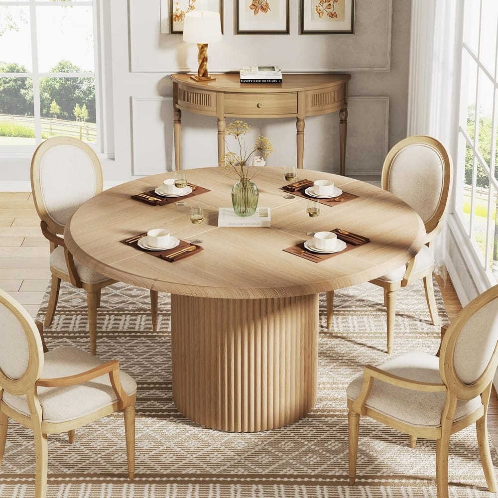 Round Dining Table Kitchen Table, Farmhouse Dinner Table with Metal Base