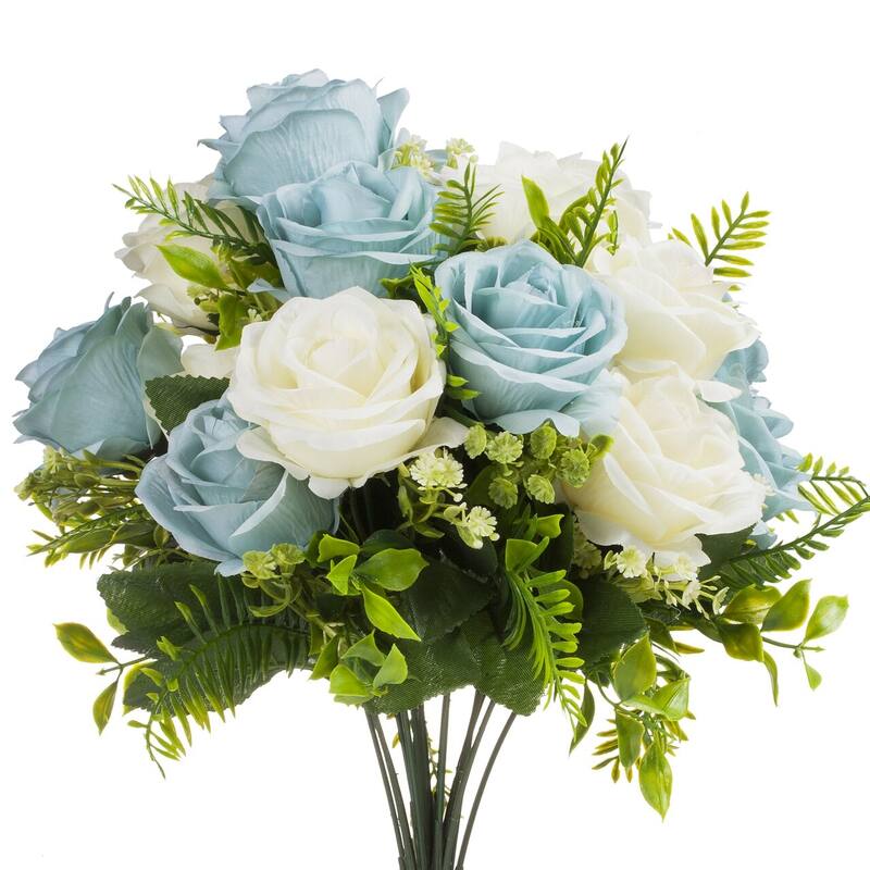 Enova Home 18 Heads Silk Rose Flower in Clear Glass Vase With Faux Water and River Stone For Home Office Decoration - N/A