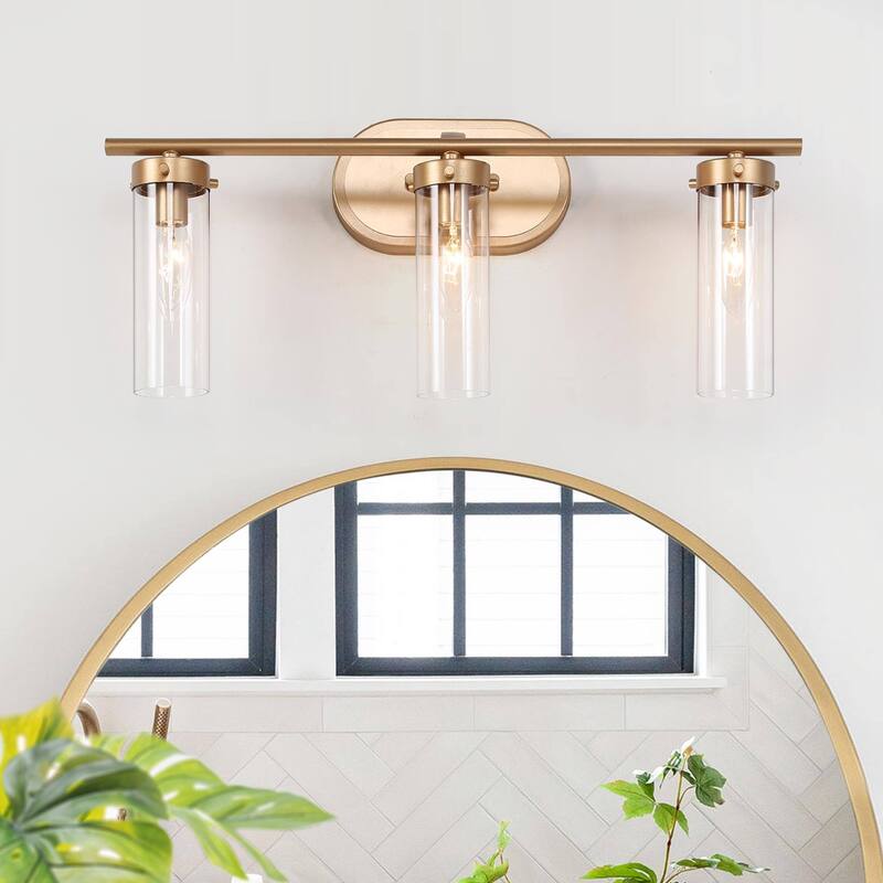 Modern Gold 3-Light Bathroom Vanity Light Cylinder Glass Wall Sconces - 3-Light