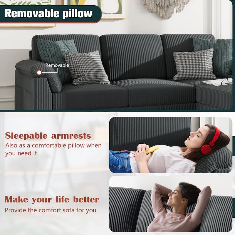 Futzca 79'' Corduroy Sectional Sofa Couch with Removable Pillow