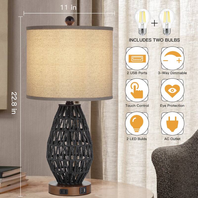 Cinkeda Table Lamp Black Rattan 3-Way Touch Dimmer USB Port(Set of 2) - 11'' x 11'' x 22.8'' (L x W x H)
