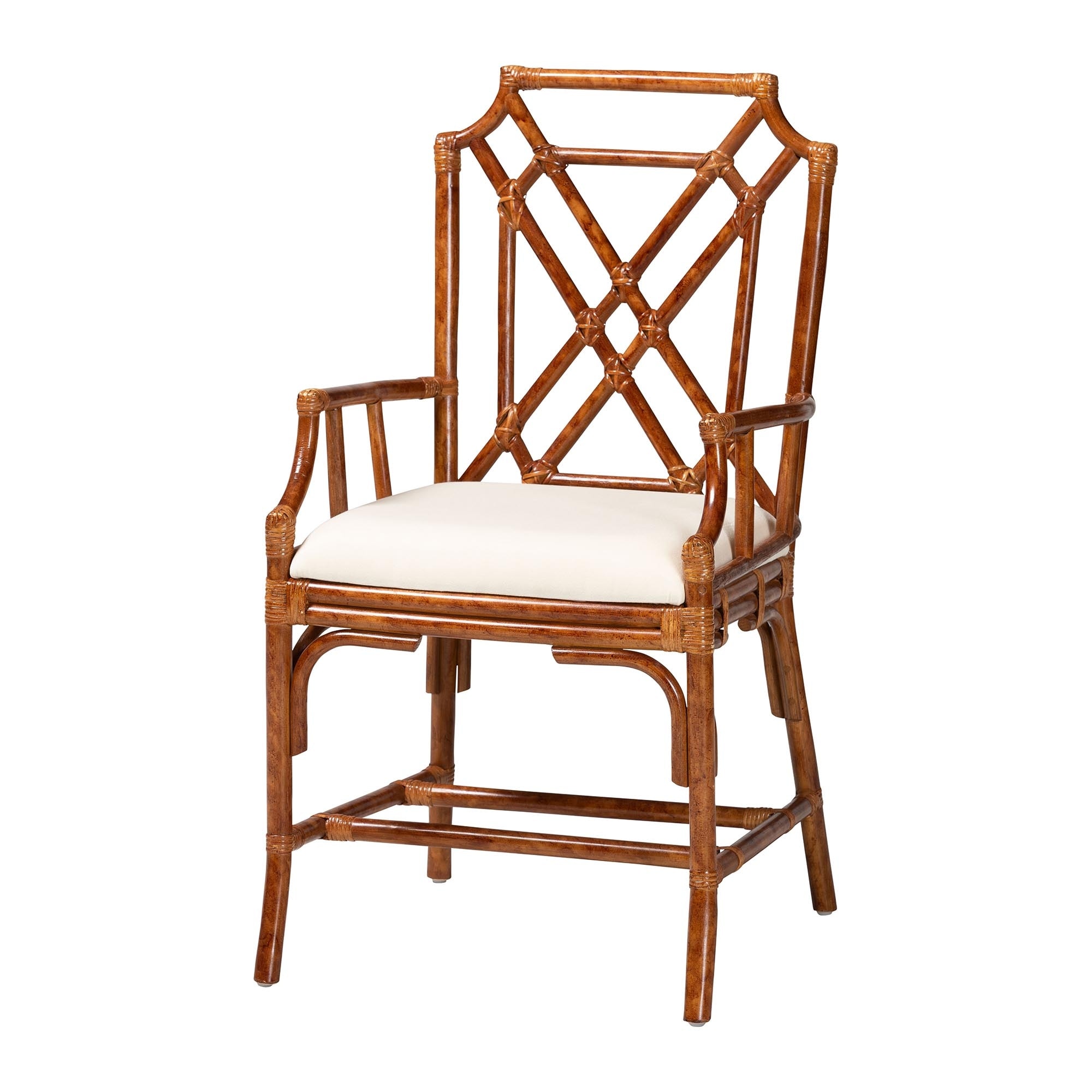 Esmery Marbled Tortoise Natural Rattan Dining Chair - Handcrafted Wicker Armchair with Crisscross Back, Boho Coastal Seating