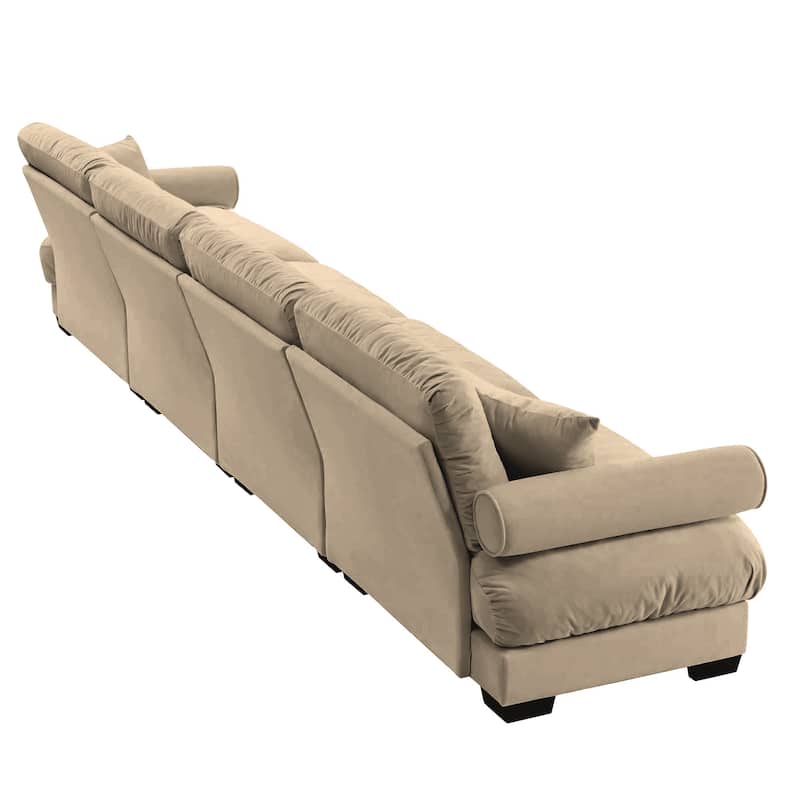 166" Velvet 4-Seater Sofa with Bolster Armrests, High-Resilience Sponge Cushions