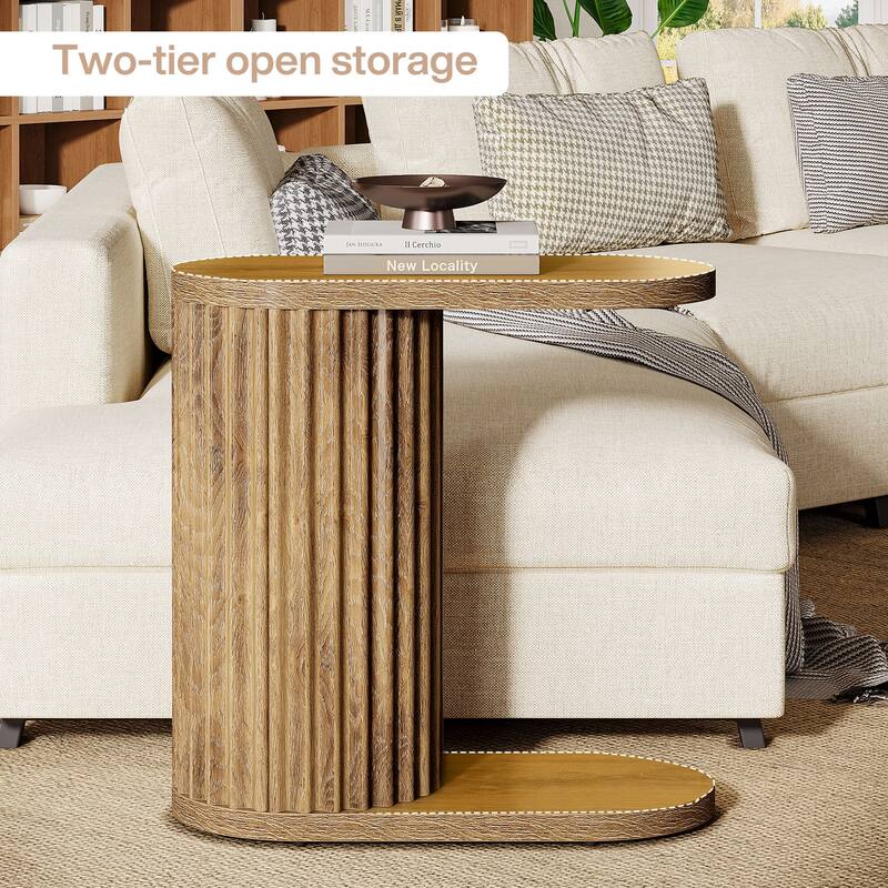 Fluted C-Shaped End Table, Modern Narrow Side Table with Oval Top