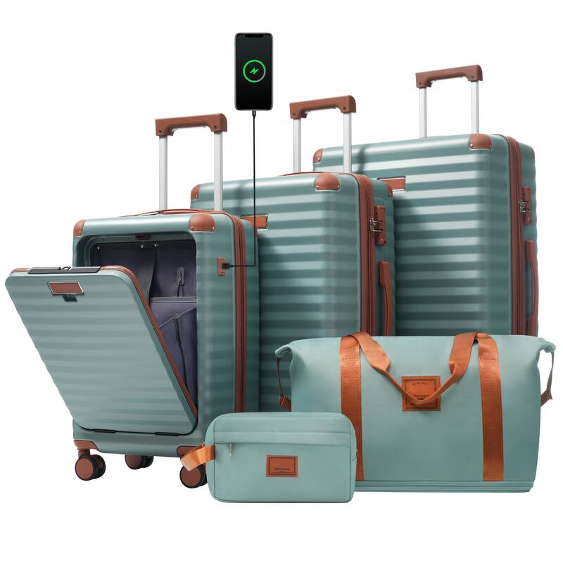 Luggage Sets 5 Piece with Front Opening, Hardside Expandable Carry on Suitcase, with Spinner Wheels, TSA Lock, USB Port - Antique blue green