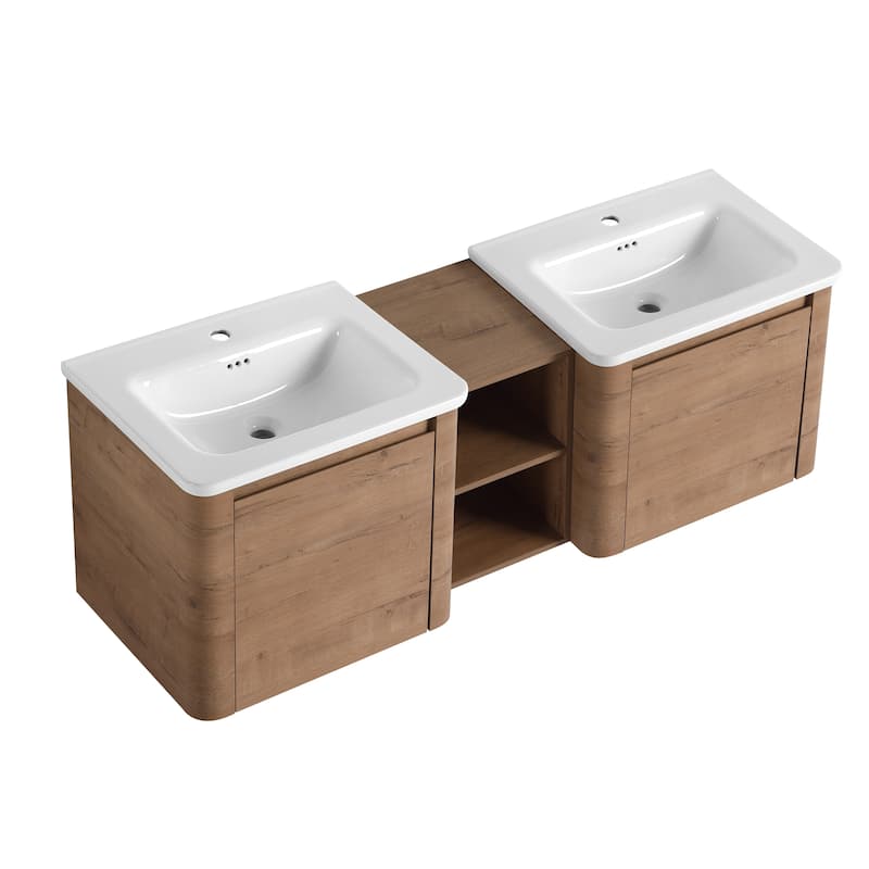 Wall-Mounted Bathroom Vanity with Ceramic Sink and Storage Shelves