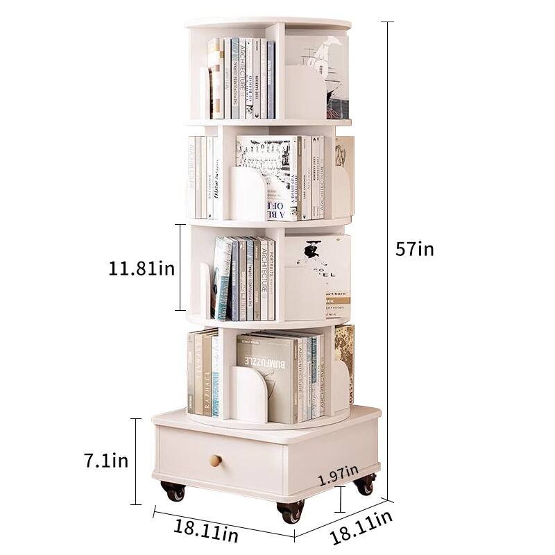Rotating Wooden Bookcase with Drawer, 5-Tier Space-Saving Floor Shelf Organizer for Bedroom & Small Rooms