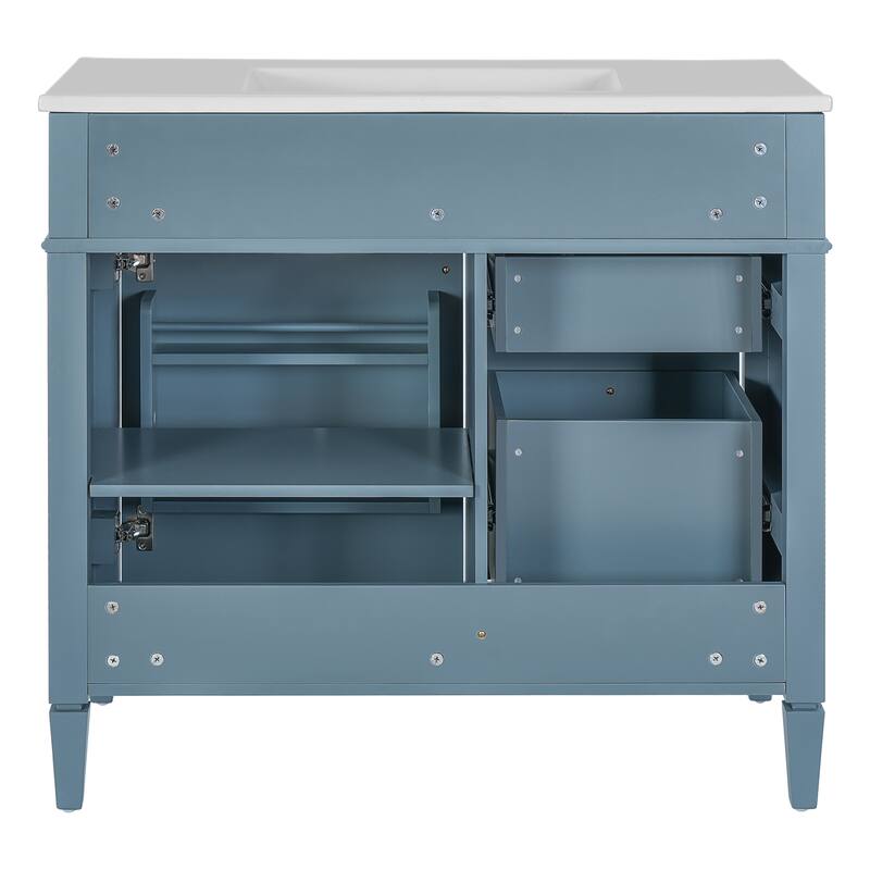 Modern Single Sink Bathroom Vanity Cabinet with Door Rack, Tip-out Drawer, 2 Pull-out Drawers, Metal Knobs and Adjustable Shelf