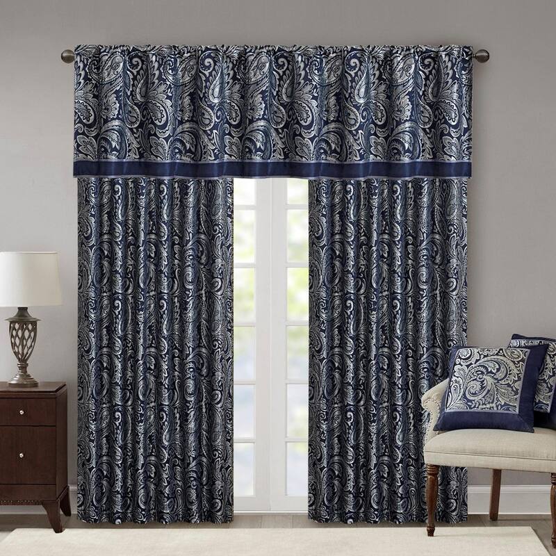 Jacquard Curtain Panel Pair(2 Pcs Window Panels) - Navy-2