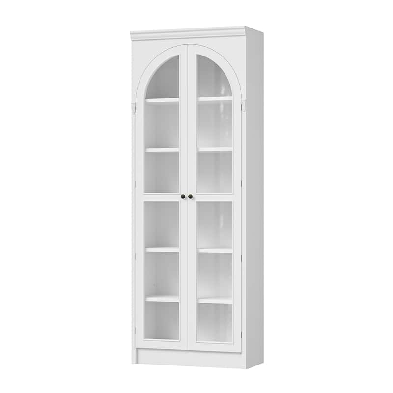 Modular White Bookcase with LED Lights & Glass Doors, 86.6" Tall Arched Display Cabinet Solid WoodStorage Cabinet
