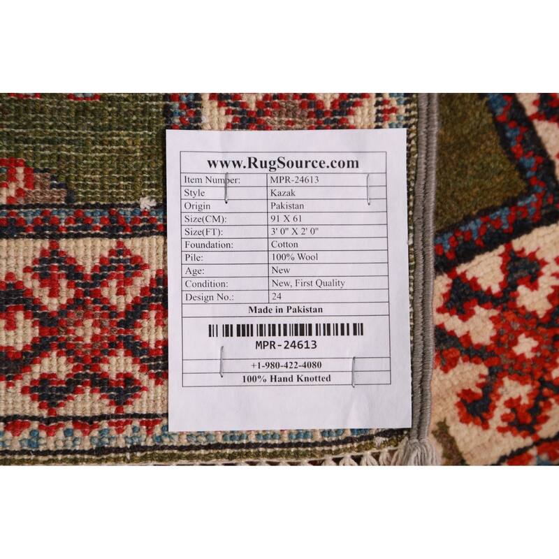 Green Kazak Oriental Foyer Rug Geometric Hand-Knotted Wool Carpet - 2'0"x 3'0"