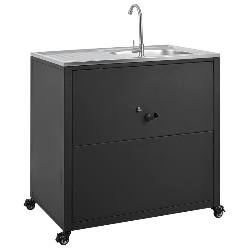 Outdoor Movable Kitchen Stainless Steel Tabletop Sink with Adjustable Rotating Faucet, Outdoor Cupboard with Lockable Wheels