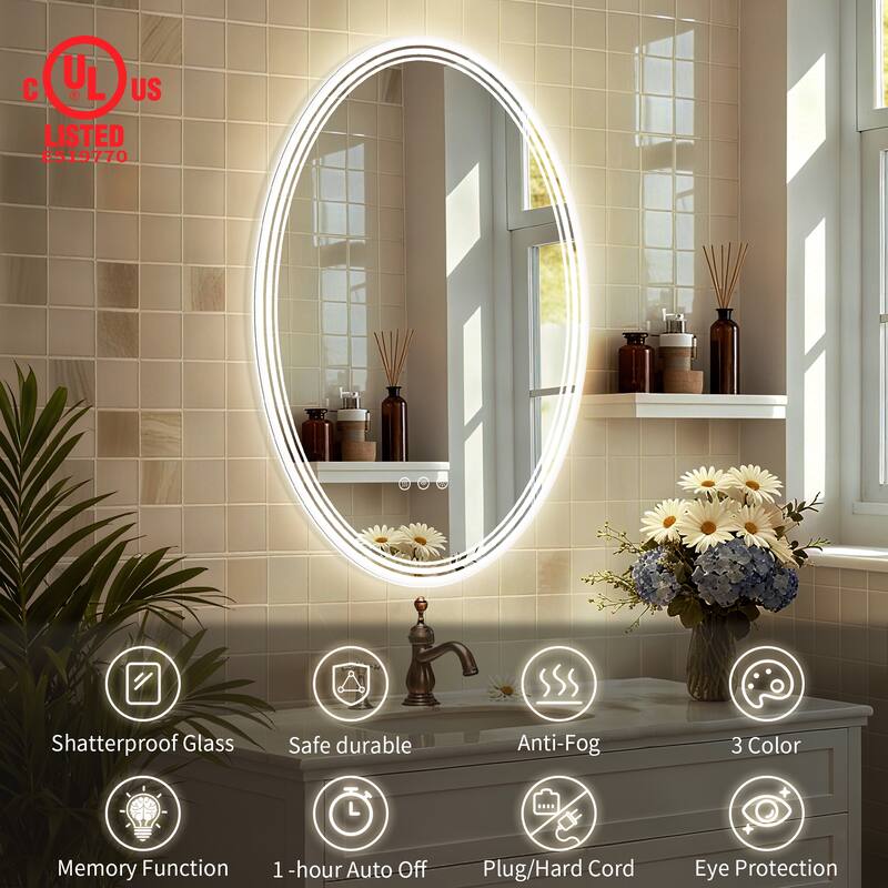 UL Certified Oval LED Bathroom wall Mirror, Anti-fog, 3-Color Dimmable