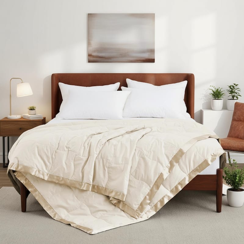 Ultra-Soft Cozy Down Feather Fiber Bed Blanket with Satin Trim - King - Ivory