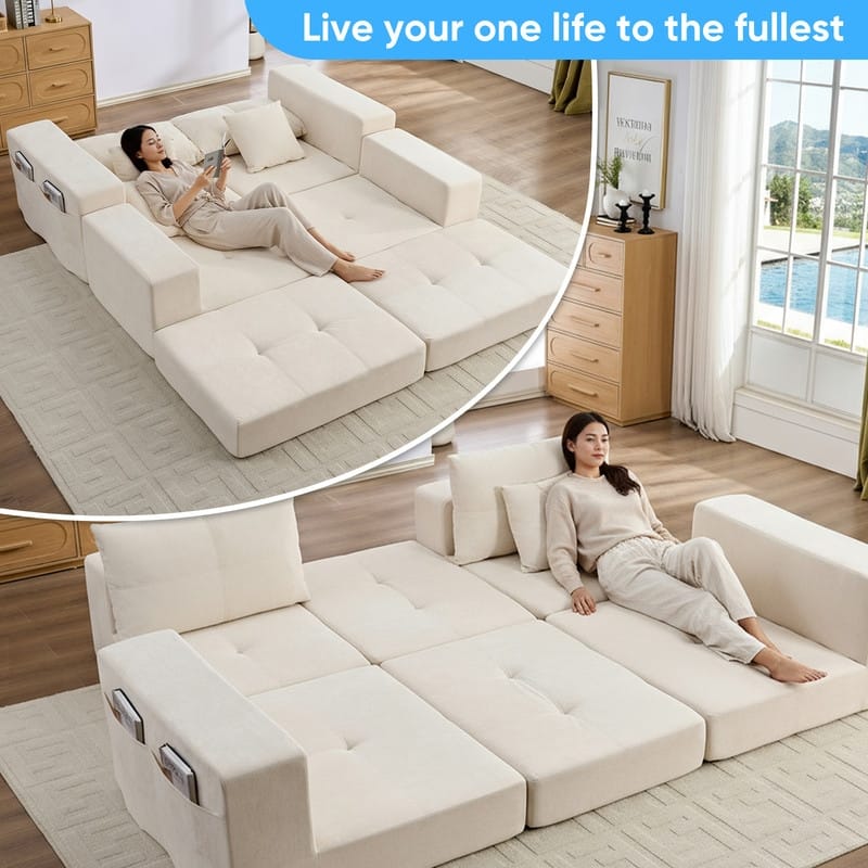 Mixoy 6-PCS Double Deep Seat Modular Sectional Sofa,Free Combinations Modern Chenille Sleeper Sofa Bed,No Assembly Required
