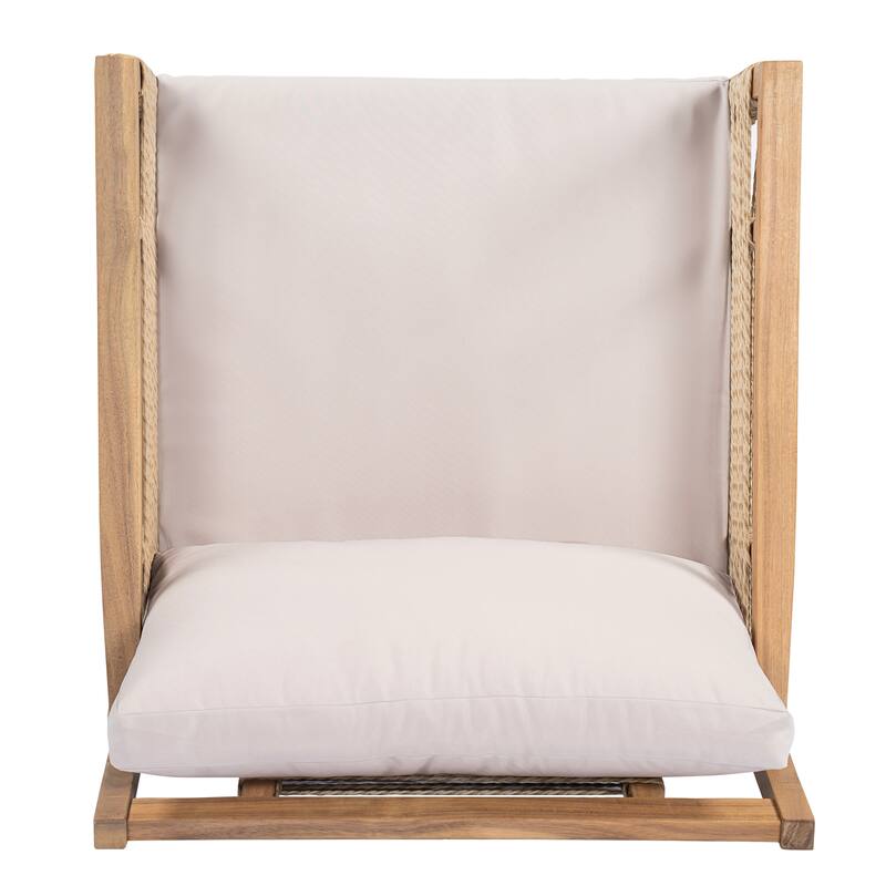 Roomfitters Set of 2 Patio Club Chairs, Outdoor Wood Lounge Chair with Upholstered Cushions, Rope Weave, Teak+ Beige