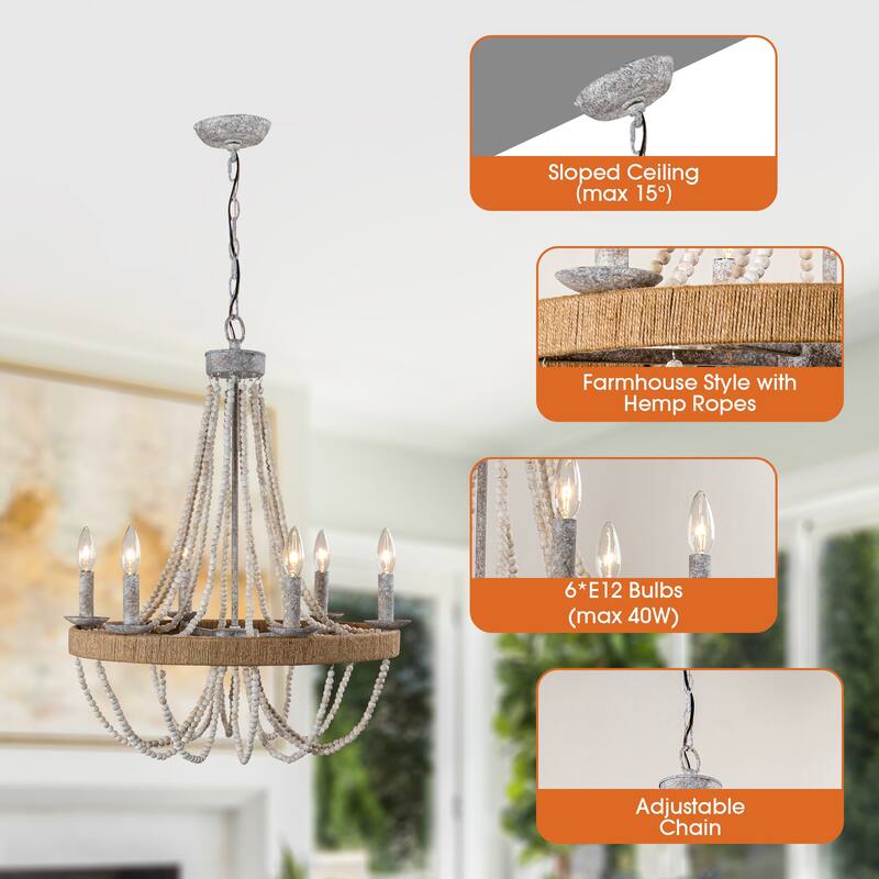 Coastal 6-Light Wood Beaded Wheel Candle Chandelier - 21.7-in W x 22.7-in H