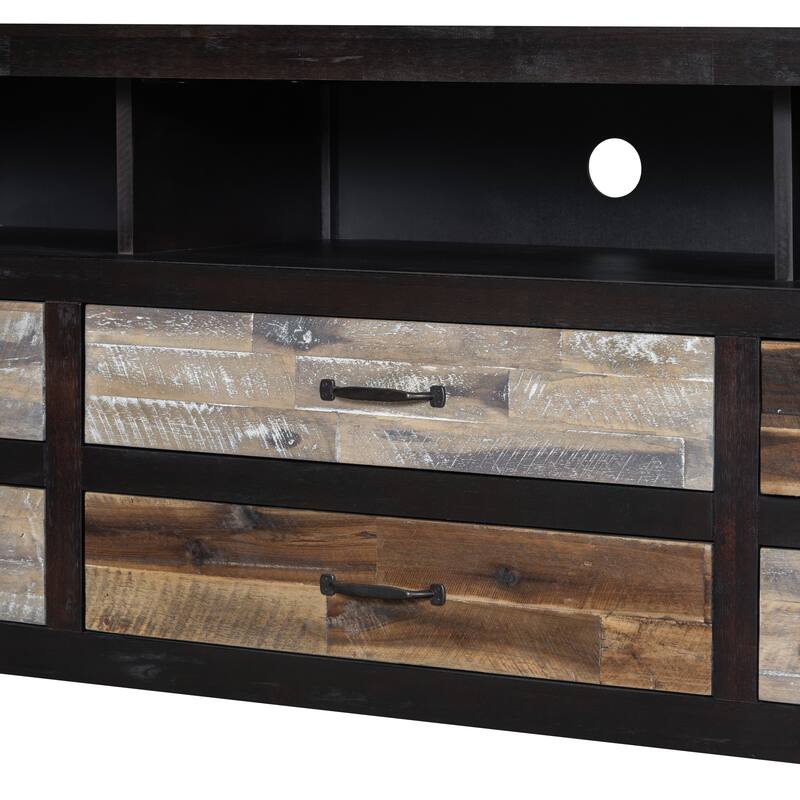 64" Retro TV Stand with 6 Drawers, Distressed Wood Finish, Shelving & Cable Management, for 65" TVs
