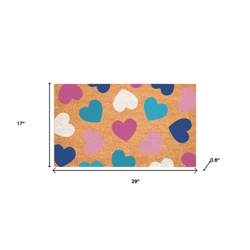 HomeRoots 17" X 29" Brown Blue Navy Blue And Light Pink Hearts Outdoor Coir Door Mat - 17.00' X '29.00
