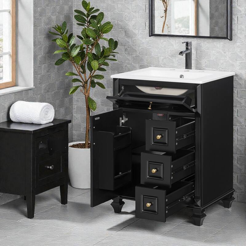 24 Inch Bathroom Vanity with Ceramic Sink, White Freestanding Vanity Cabinet with Flip-Out Drawer and Storage