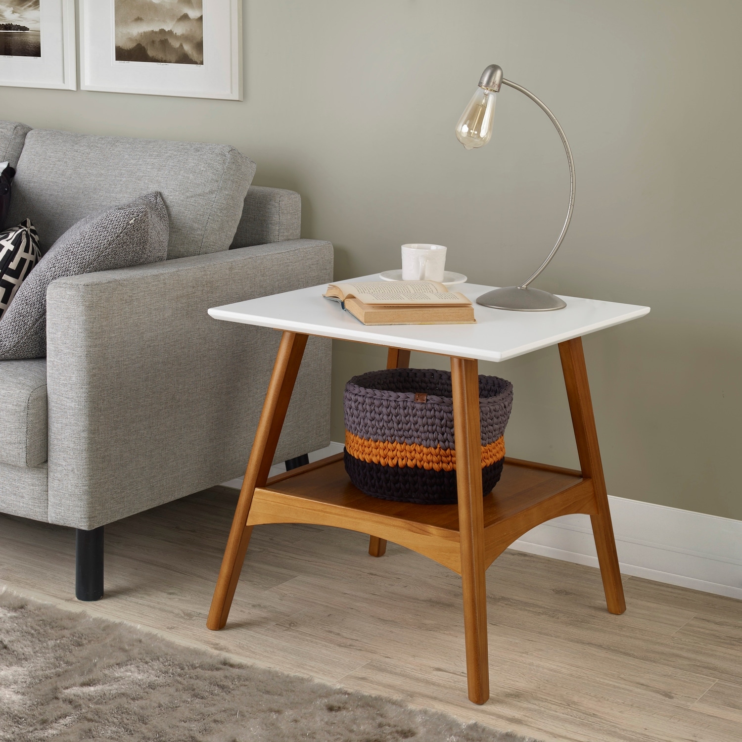 Mid Century Modern End Table - Square Wood Table - Living Room Accent Table - White Finish - Portable Design - 22.64