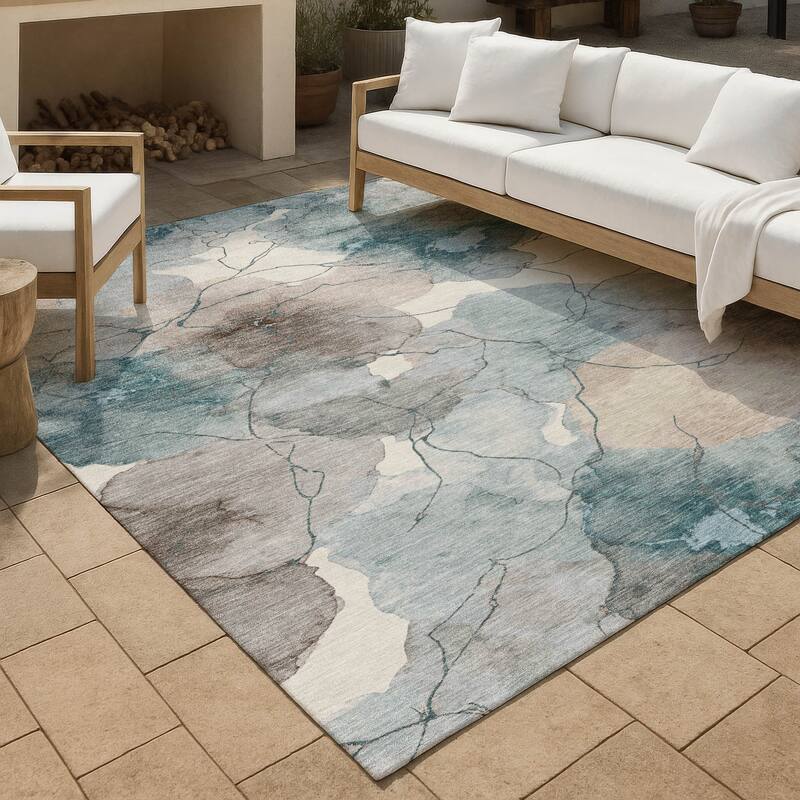 Machine Washable Indoor/ Outdoor Floral Mara Chantille Rug - Teal - 10' x 14'