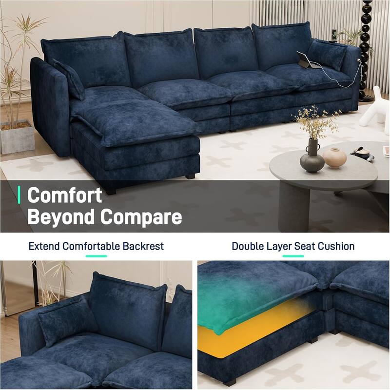 Modular Sectional Sofa L Shaped Couch, 3/4 Seat Sofa Set with Ottoman, Chenille Fabric