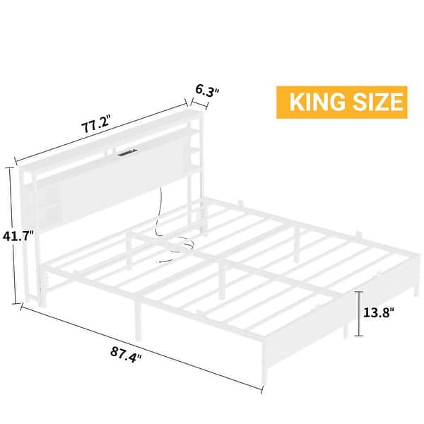 dimension image slide 6 of 11, Bed Frame with Charging Station and RGB LED Lights, Sturdy Platform Bed with Storage Headboard,