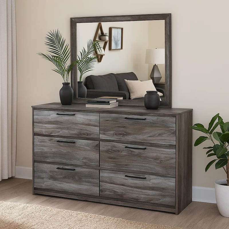 Bays 62 Inch Dresser, 6 Drawers, Modern Farmhouse Laminate Smoky Gray