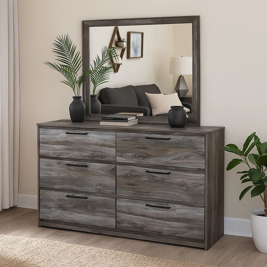 Bays 62 Inch Dresser, 6 Drawers, Modern Farmhouse Laminate Smoky Gray