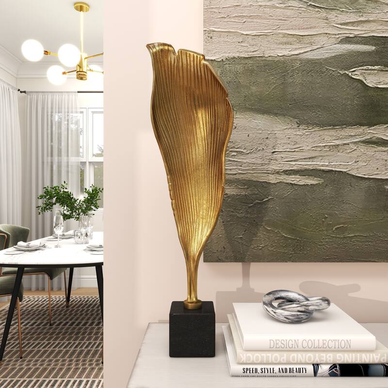 Gold Aluminum Metal Textured Leaf Abstract Sculpture with Black Marble Base