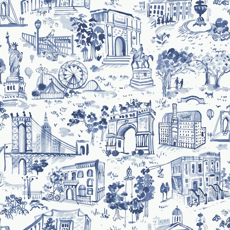NuWallpaper Brownstone Boys Toile de New York Navy Peel and Stick Wallpaper - N/A