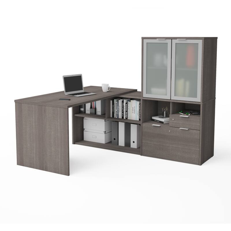 Bestar i3 Plus L-Desk with Frosted Glass Door Hutch - Bark Gray
