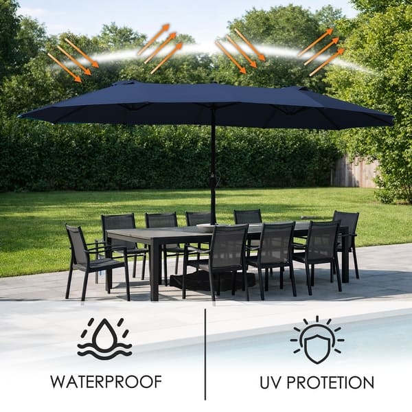 butterfly patio umbrella Kozyard 15-ft Steel Navy No-tilt Market Patio Umbrella with Lights with Base one_size