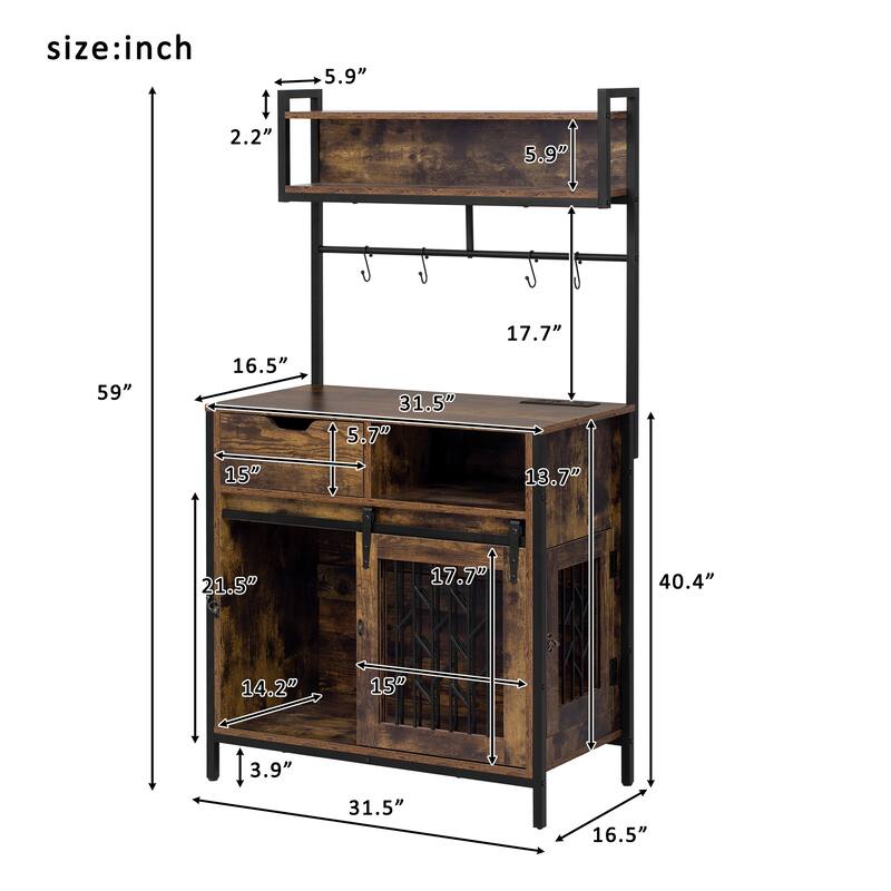 2-in-1 Rustic Dog Crate Side Cabinet Hutch, Dog Kennel Furniture with Storage, Drawers & Cupboard for Small Dogs up to 40 lbs