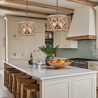 Farmhouse 4-Light Wood Drum Chandelier Kitchen Island Light for Dining Room