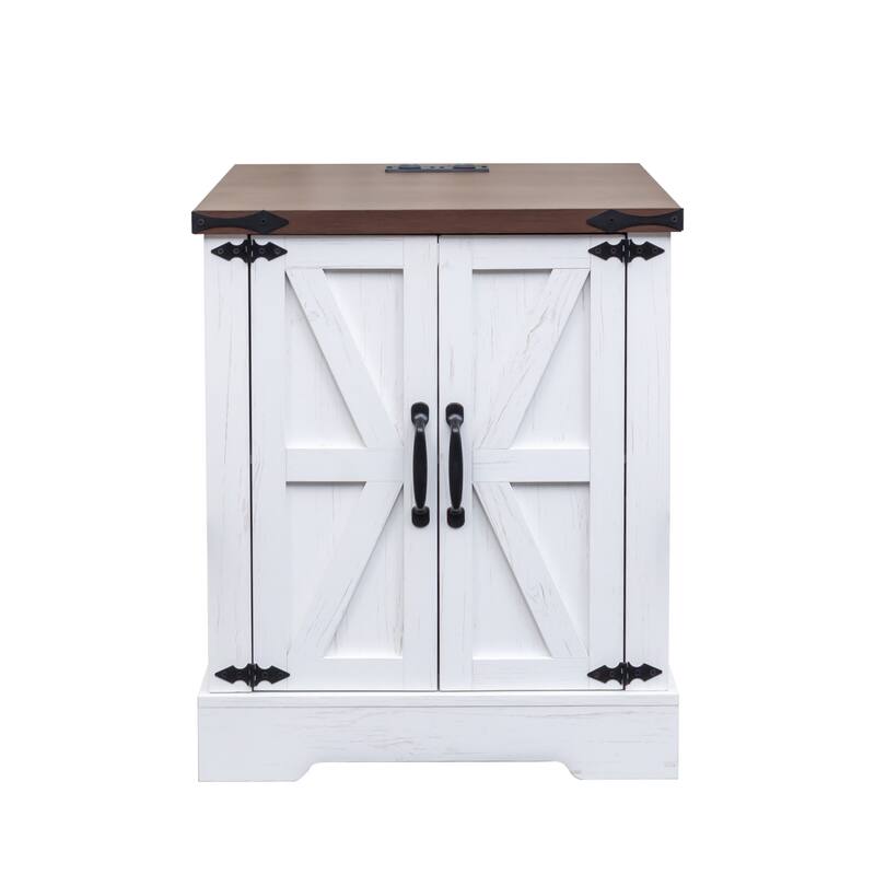 Farmhouse End Table with Charging Station, Rustic Wood Nightstand with Adjustable Shelf, 19.6"W Versatile Walnut Sofa Si