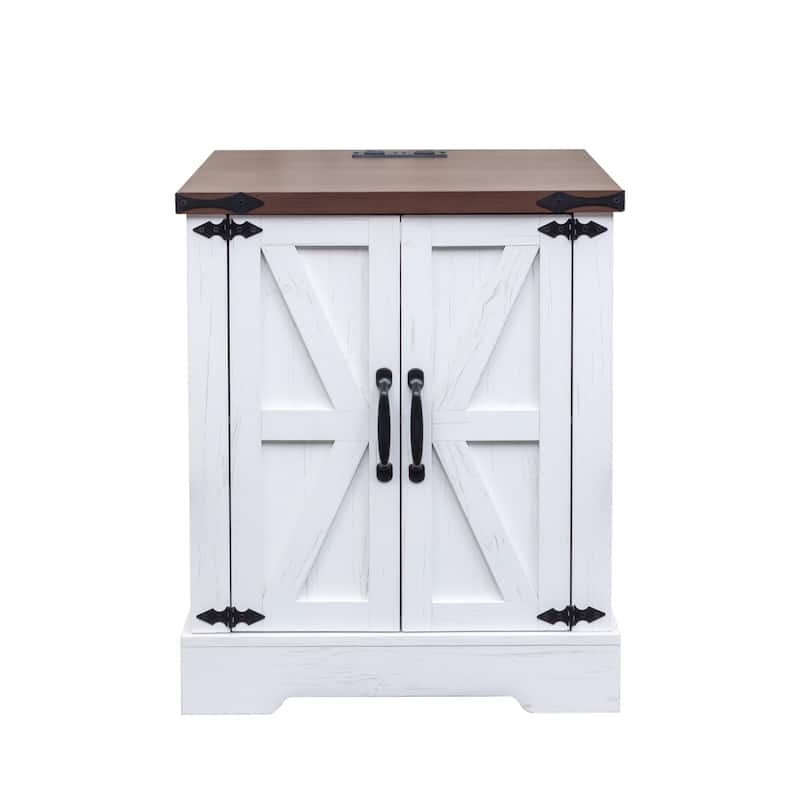 Roomfitters Walnut Farmhouse End Table with Charging Station, Rustic Sofa Side Table with Adjustable Shelf and Barn Doors