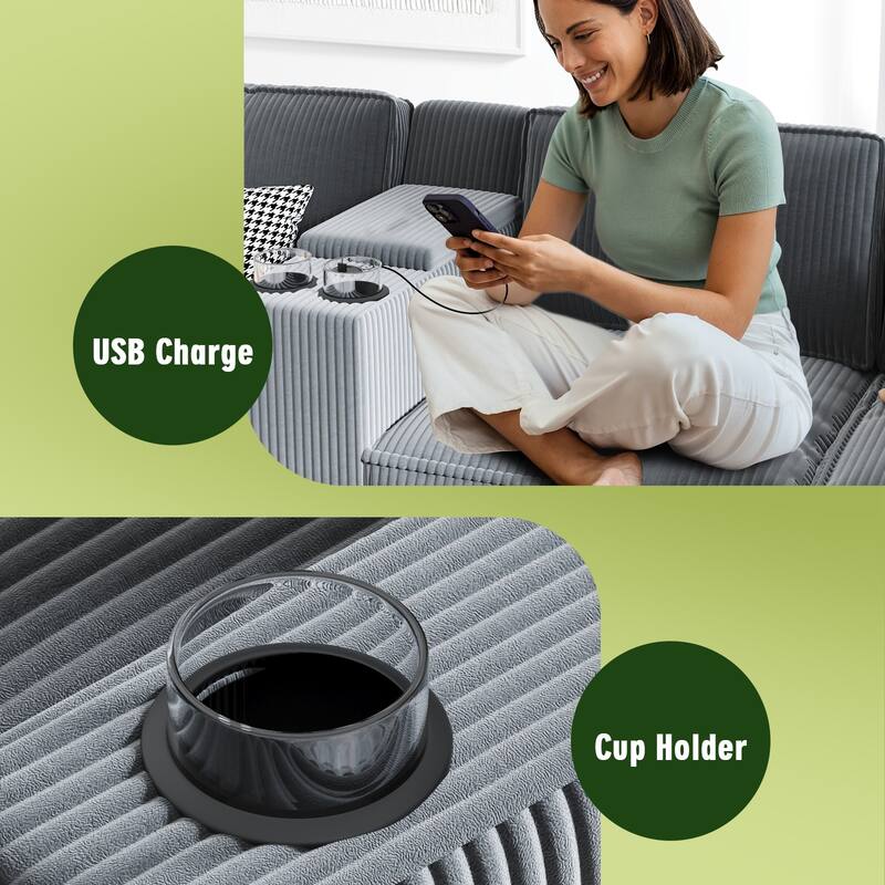 Corduroy L-Shaped Sectional Sofa with USB Charging, Storage & 3 Cup Holders, Reversible Seats