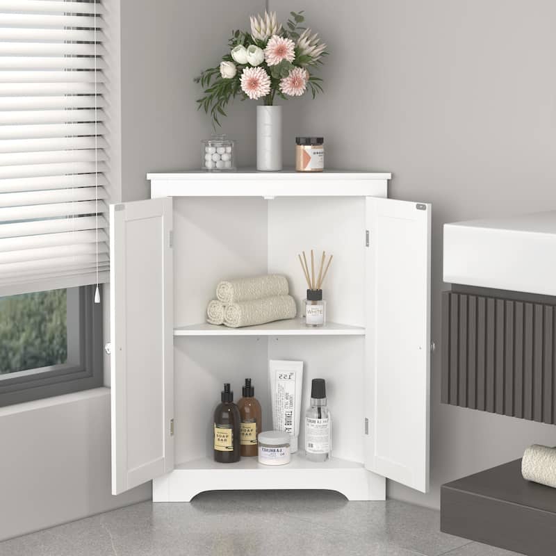 Anmytek White Corner Storage Cabinet for Bathroom and Kitchen Double Door Space Saving Organizer