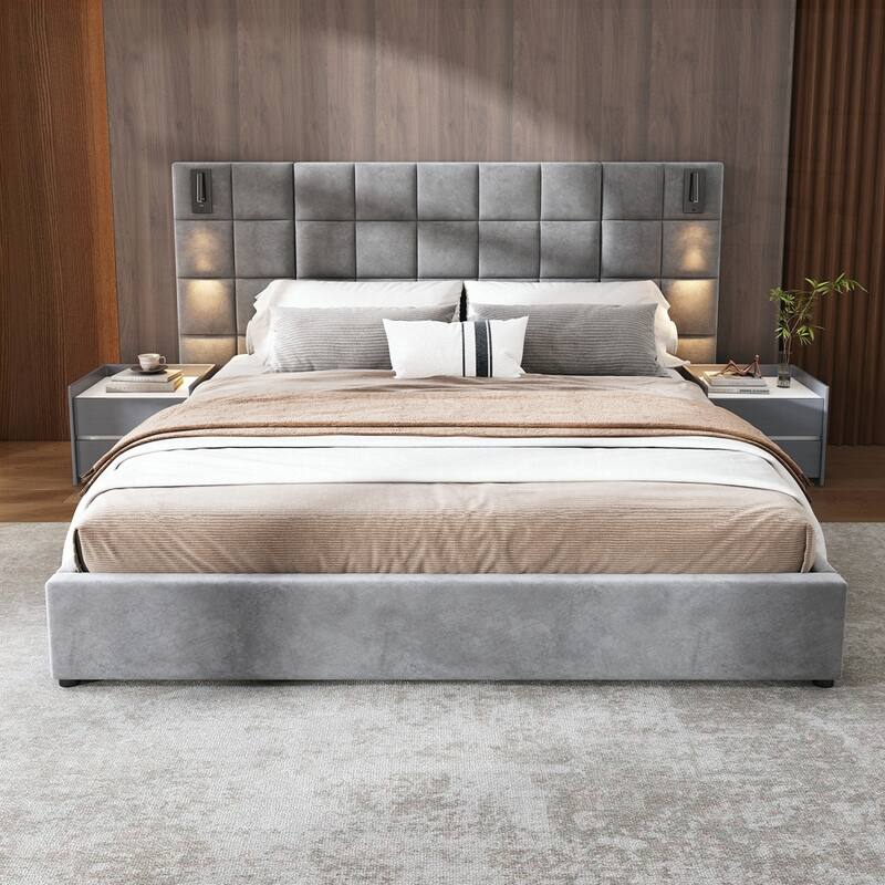 wide headboard Upholstered bed with reading lamp and USB port - Grey - King