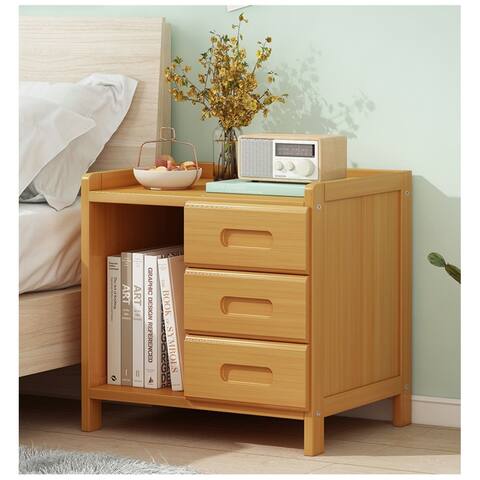 Modern Bamboo Nightstand with 3 Drawers and Open Shelf