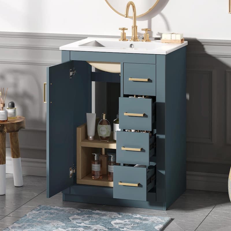 24" Bathroom Vanity with Integrated Ceramic Sink, Cabinet with 1 Door and 3 Drawers